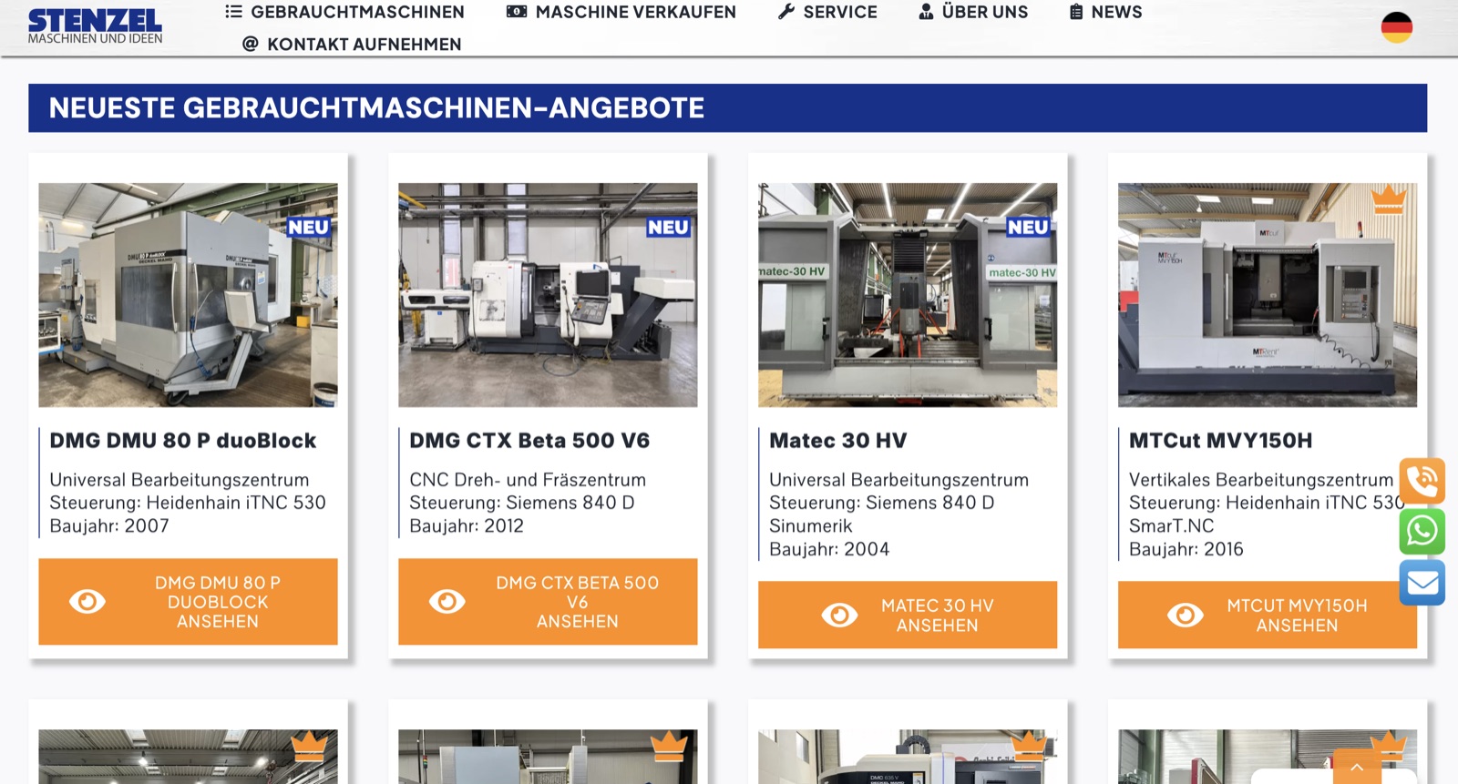 CNC Stenzel Website mit Maschinenangeboten und Navigation für Gebrauchtmaschinen, Service und News