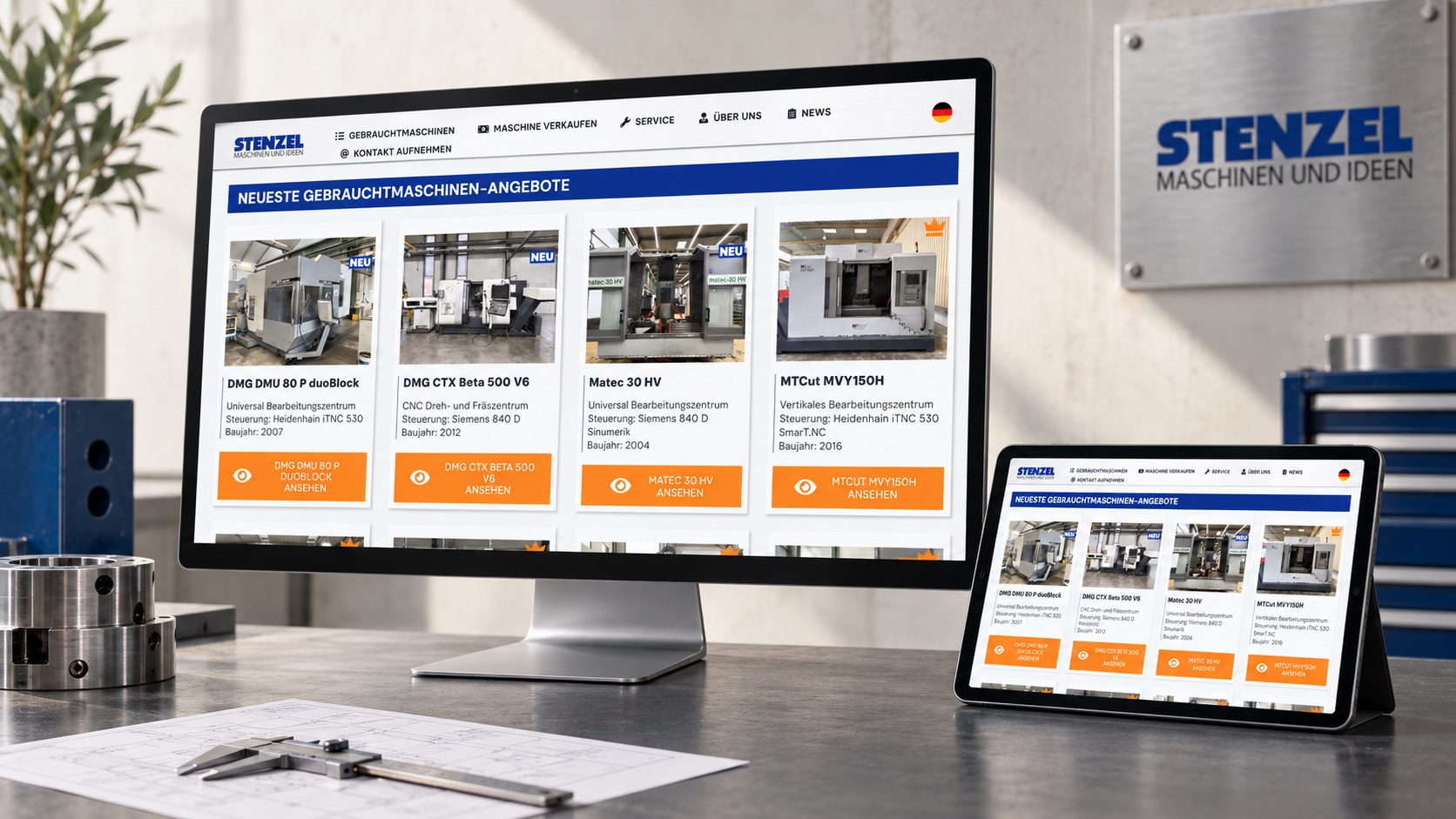 CNC-Stenzel-Website als Desktop- und Tablet-Mockup in einer Industrieumgebung