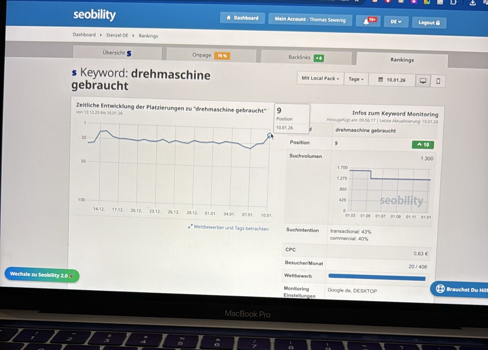 Monitoring-Screenshot für den Suchbegriff drehmaschine gebraucht mit Position 9 und Suchvolumen 1300