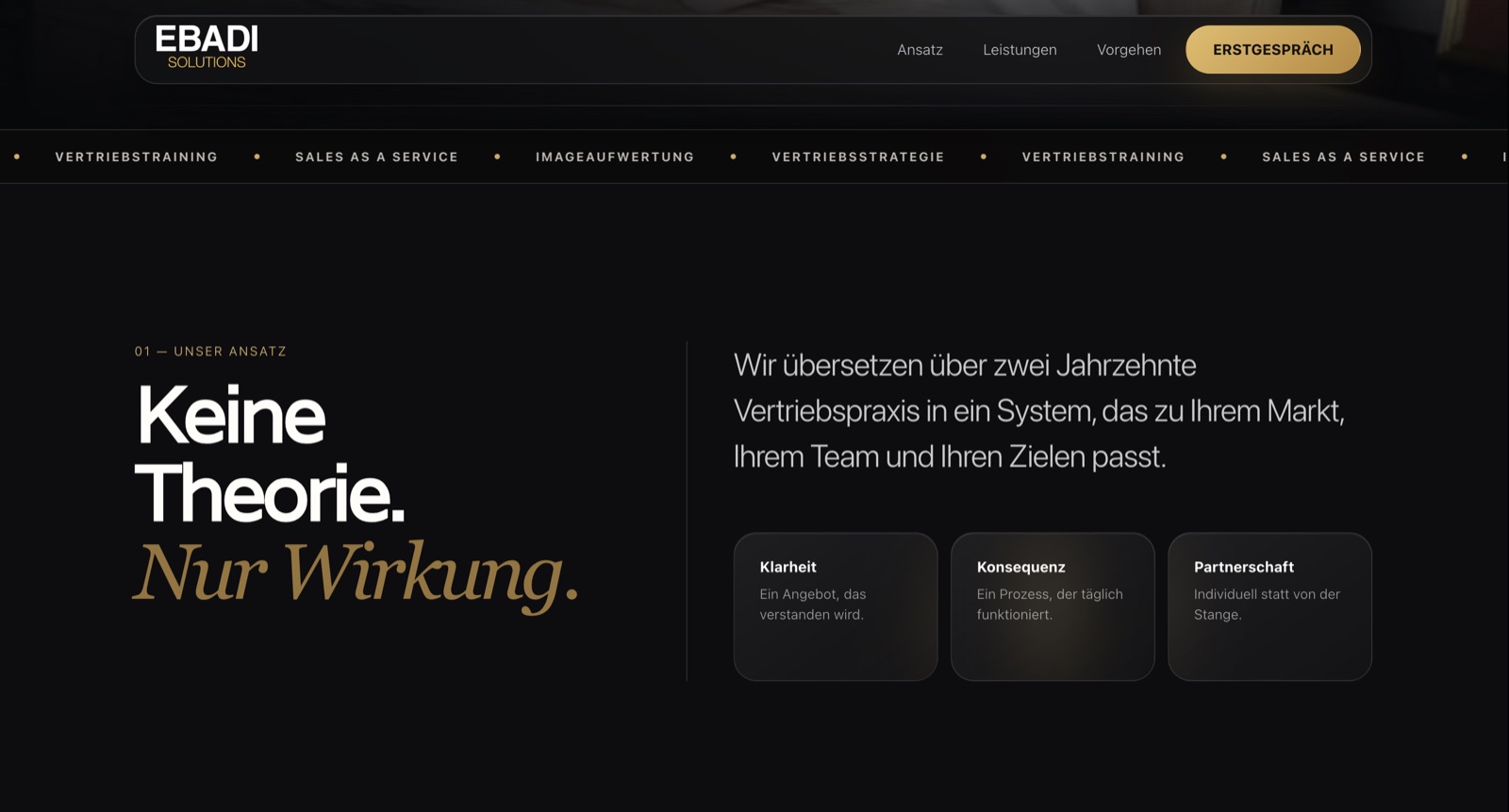 Veröffentlichter Ansatz-Bereich der Website von Ebadi Solutions mit den Prinzipien Klarheit, Konsequenz und Partnerschaft