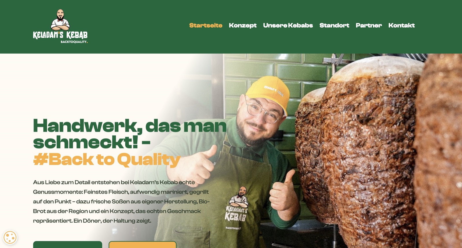 Veröffentlichter Website-Einstieg von Keladam’s Kebab mit Ferdi Ünlü, Steak-Döner-Spießen und dem Leitsatz Back to Quality