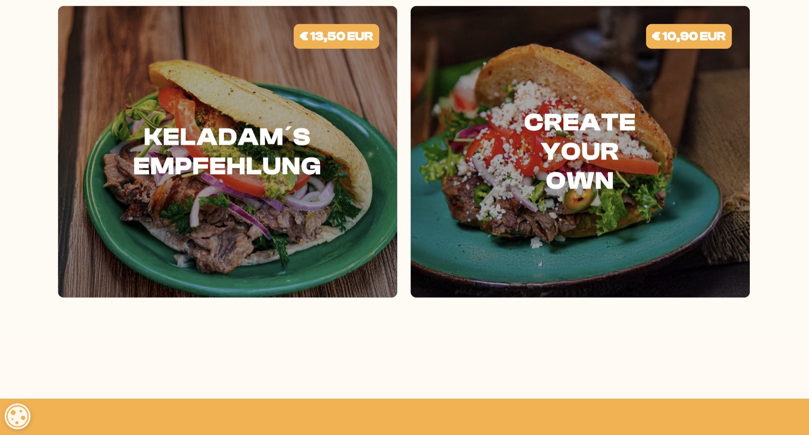 Veröffentlichte Produktdarstellung der Keladam’s-Kebab-Website mit zwei Kebab-Varianten und Preisen