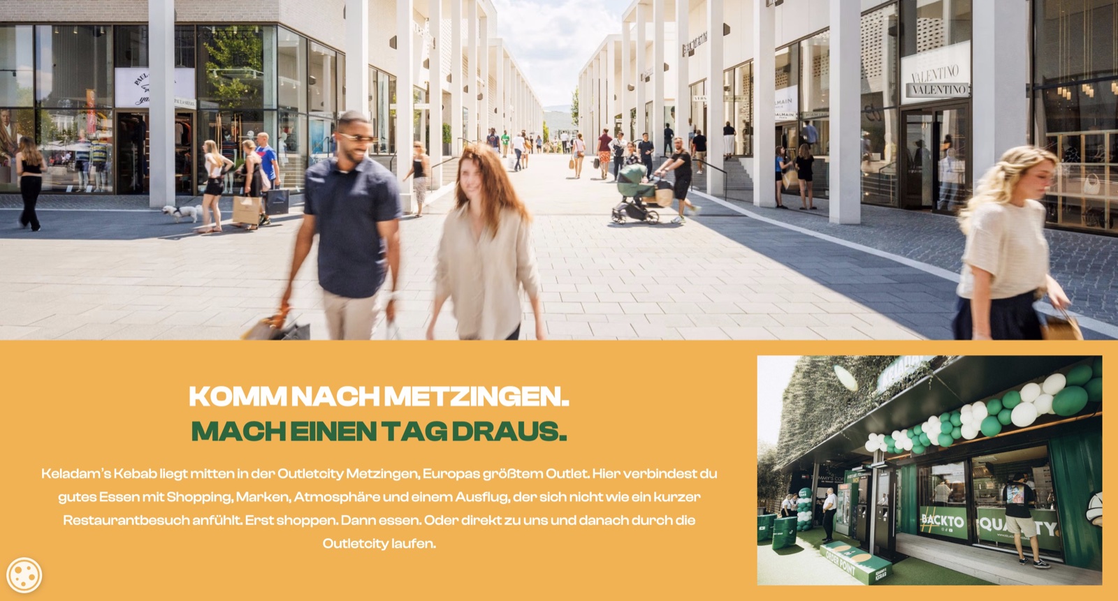 Veröffentlichter Standortbereich der Keladam’s-Kebab-Website mit Outletcity Metzingen und Ansicht des Restaurants