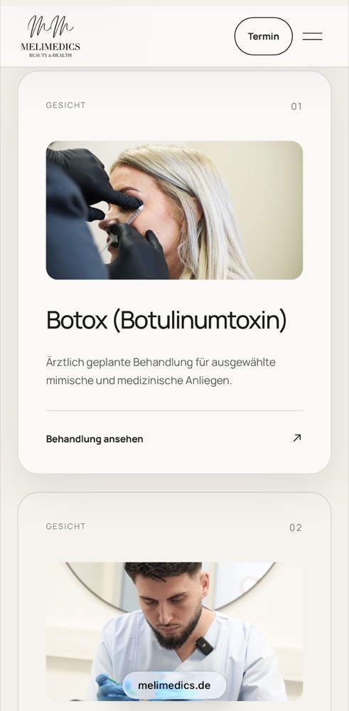 Mobile Behandlungsübersicht der Melimedics-Website mit Botulinumtoxin als konkretem Leistungsbereich