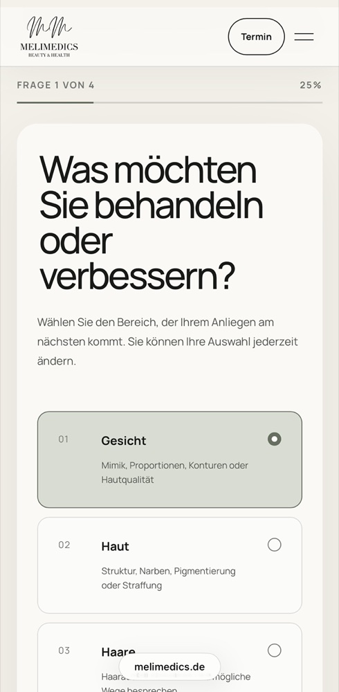Mobiler Behandlungsfinder von Melimedics mit Auswahl nach Gesicht, Haut und Haaren