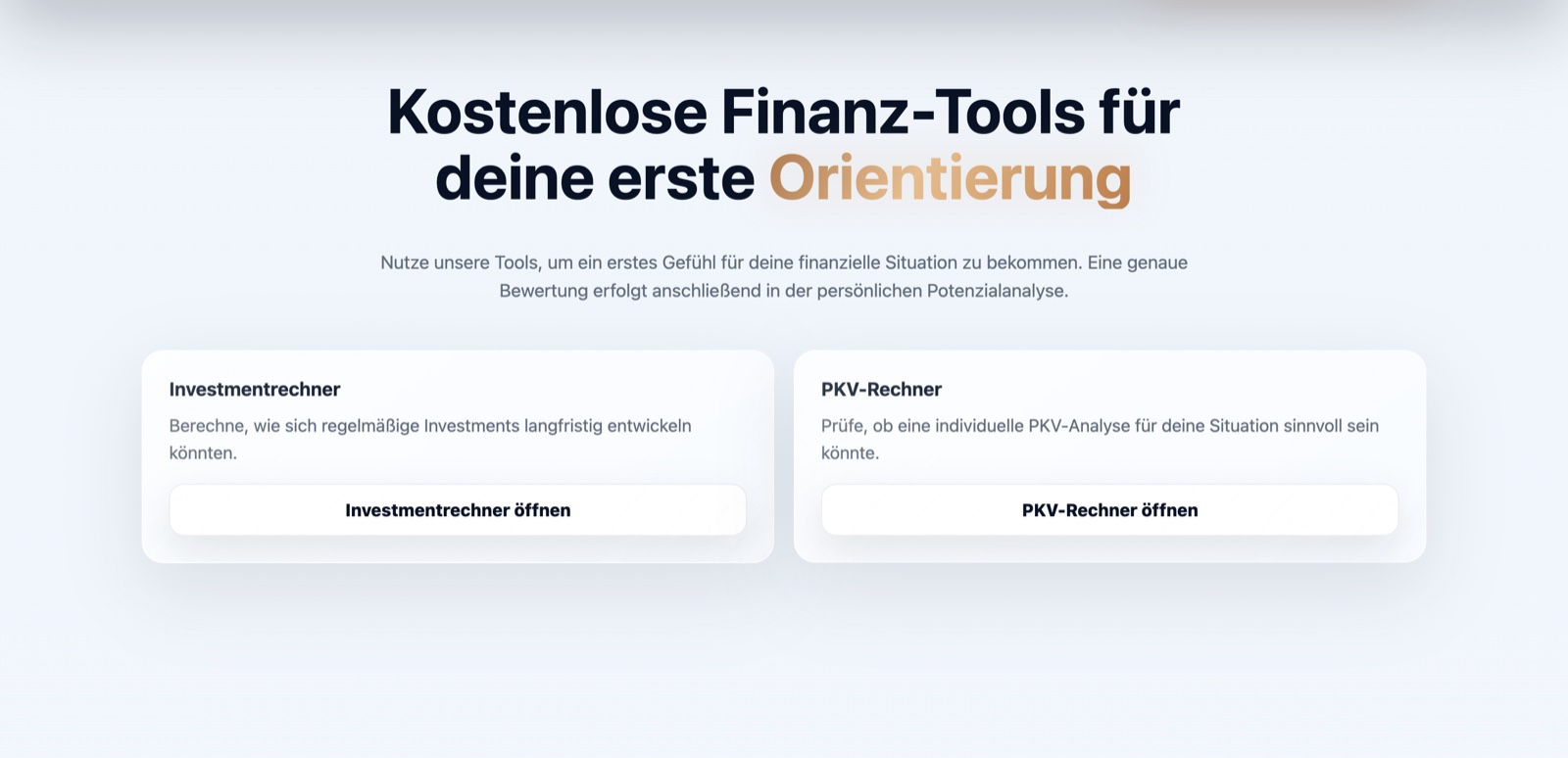 TrustPlan Website mit Investmentrechner und PKV-Rechner als interaktive Finanz-Tools