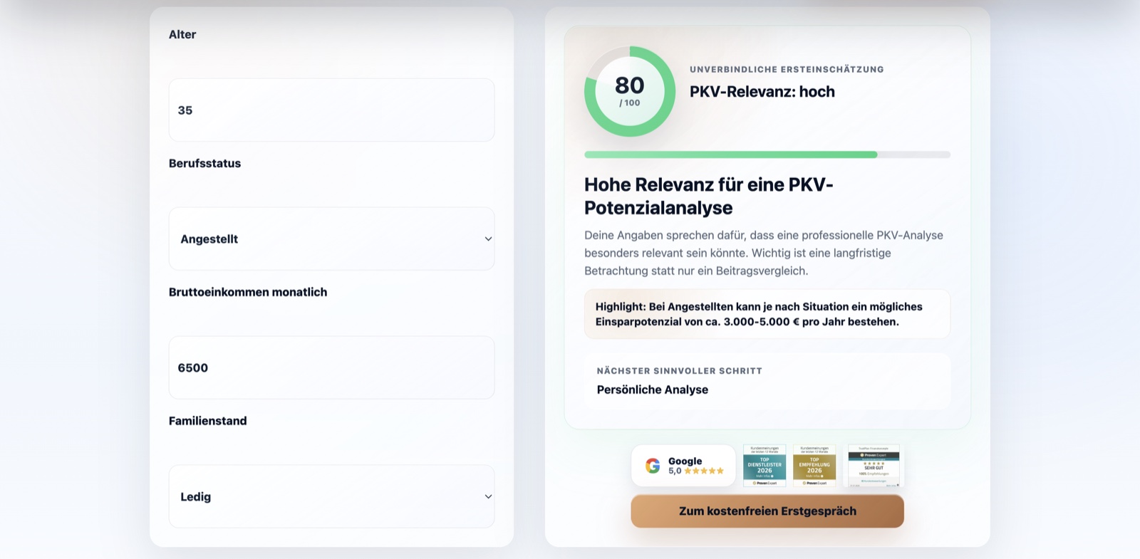 Interaktiver PKV-Rechner auf der TrustPlan Website